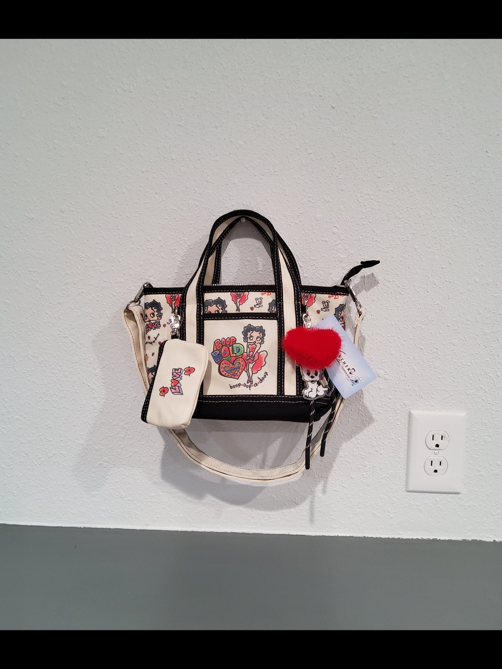 Betty Boop Cream and Black Canvas Tote with Red Heart Charm